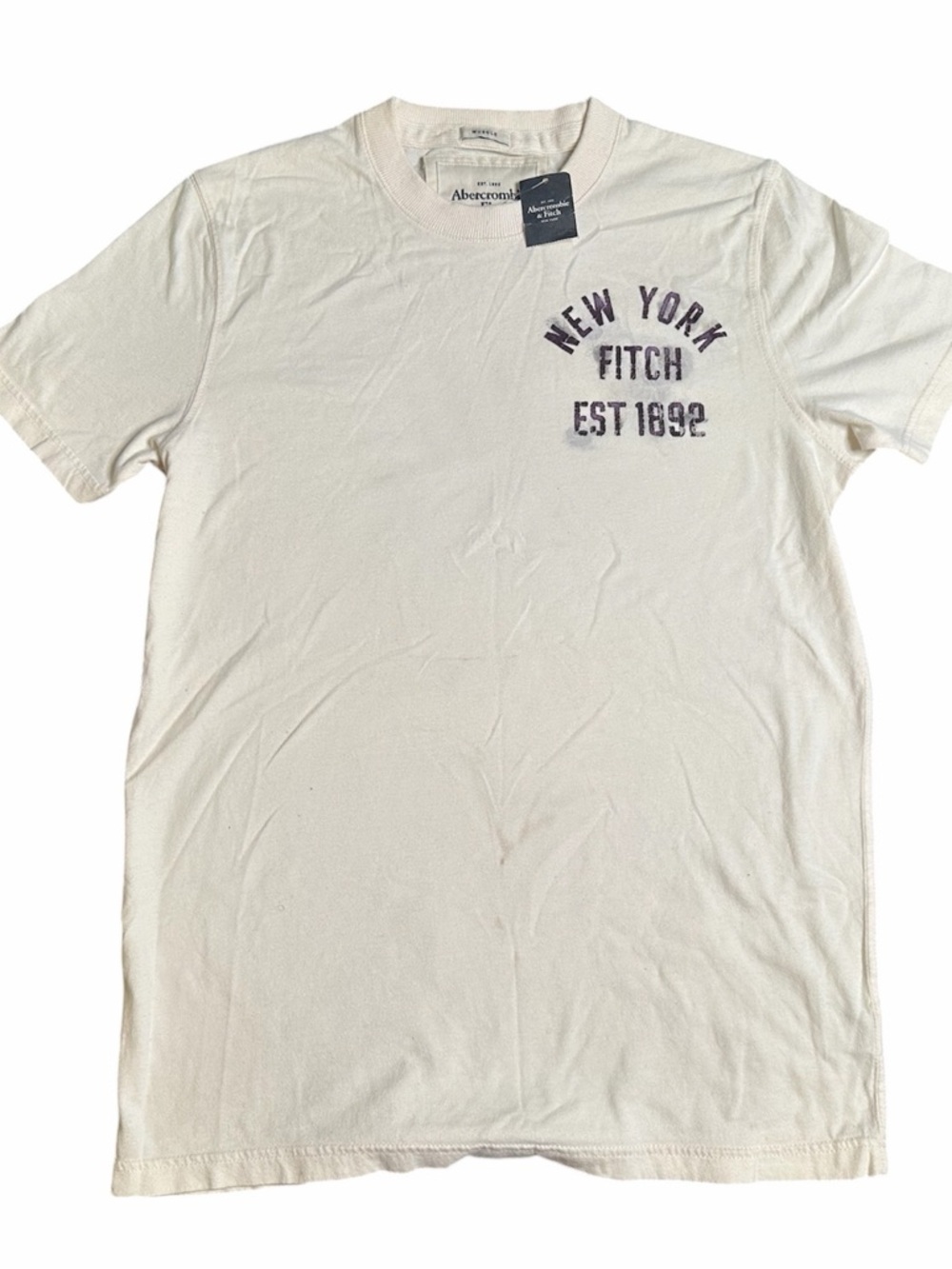 Abercrombie & Fitch Cream Short-Sleeve Tee with Navy Graphic